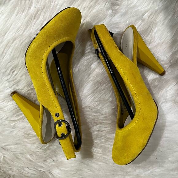 Nine West Leather Suede Epic Daffodil Round Toe Slingback Stacked High Heels 5.5 - Picture 3 of 15